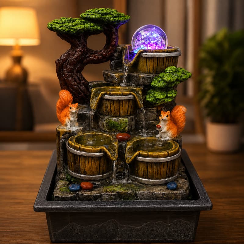 Fonte Decorativa de Mesa Cascata Água com LED Bola Cristal
