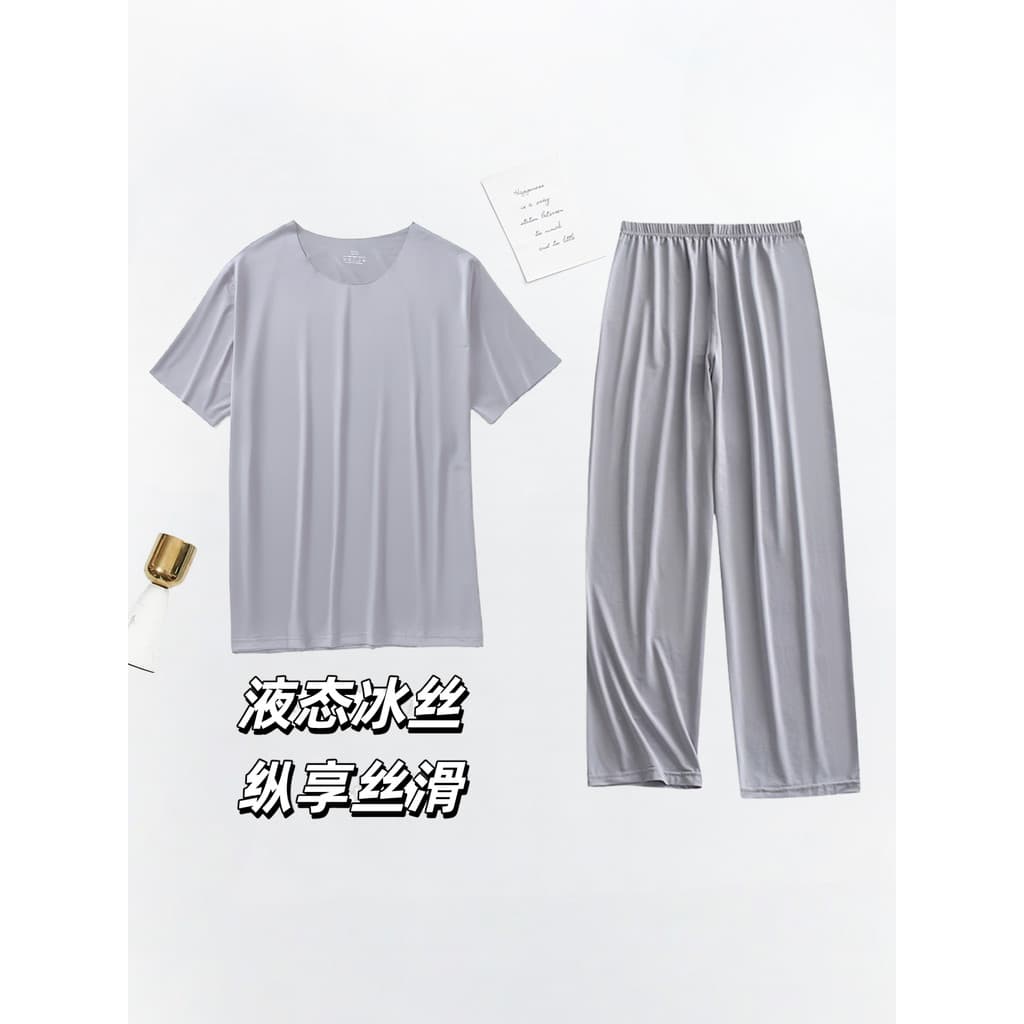 Sedoso nu verão simulação seda gelo seda pijamas masculino de manga curta camiseta fina Drape tornozelo comprimento calç