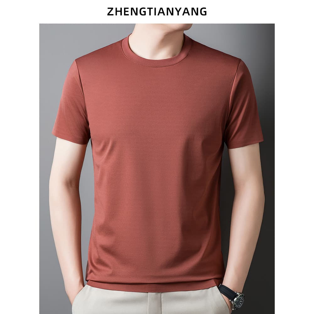 Mulberry seda gelo sem costura camiseta de manga curta masculina verão fino em torno do pescoço cor sólida estiramento c