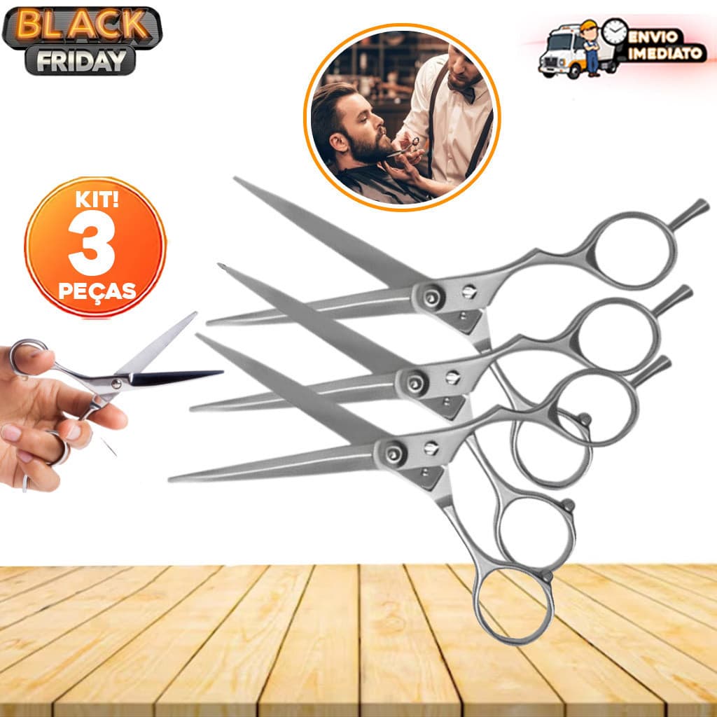 Kit 3 Tesouras Profissionais Inox Nº6 para Cabeleireiro e Barbeiro Unissex