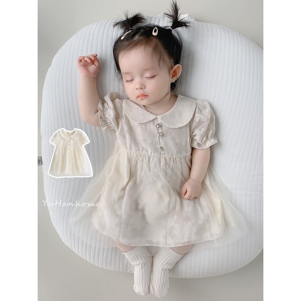 Bebê bebê vestido de princesa verão manga curta creme gaze vestido de renda Chiffon elegante bonito manga Puff vestido d