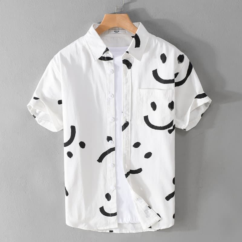 Camisa de verão de algodão puro masculina de manga curta impressa na moda juventude Popular japonês literário Casual cam