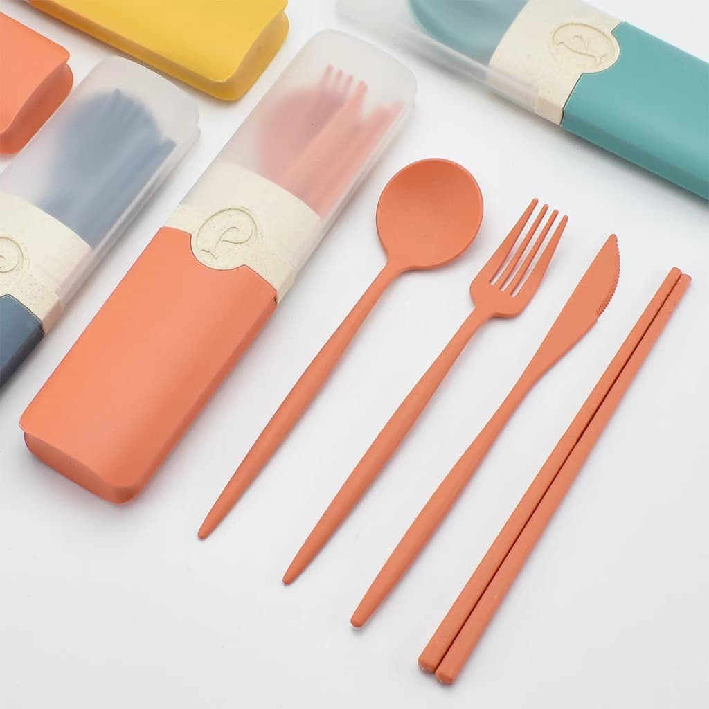 Palha de trigo portátil utensílios de mesa dopamina cor faca garfo colher pauzinhos caixa de armazenamento conjunto de t