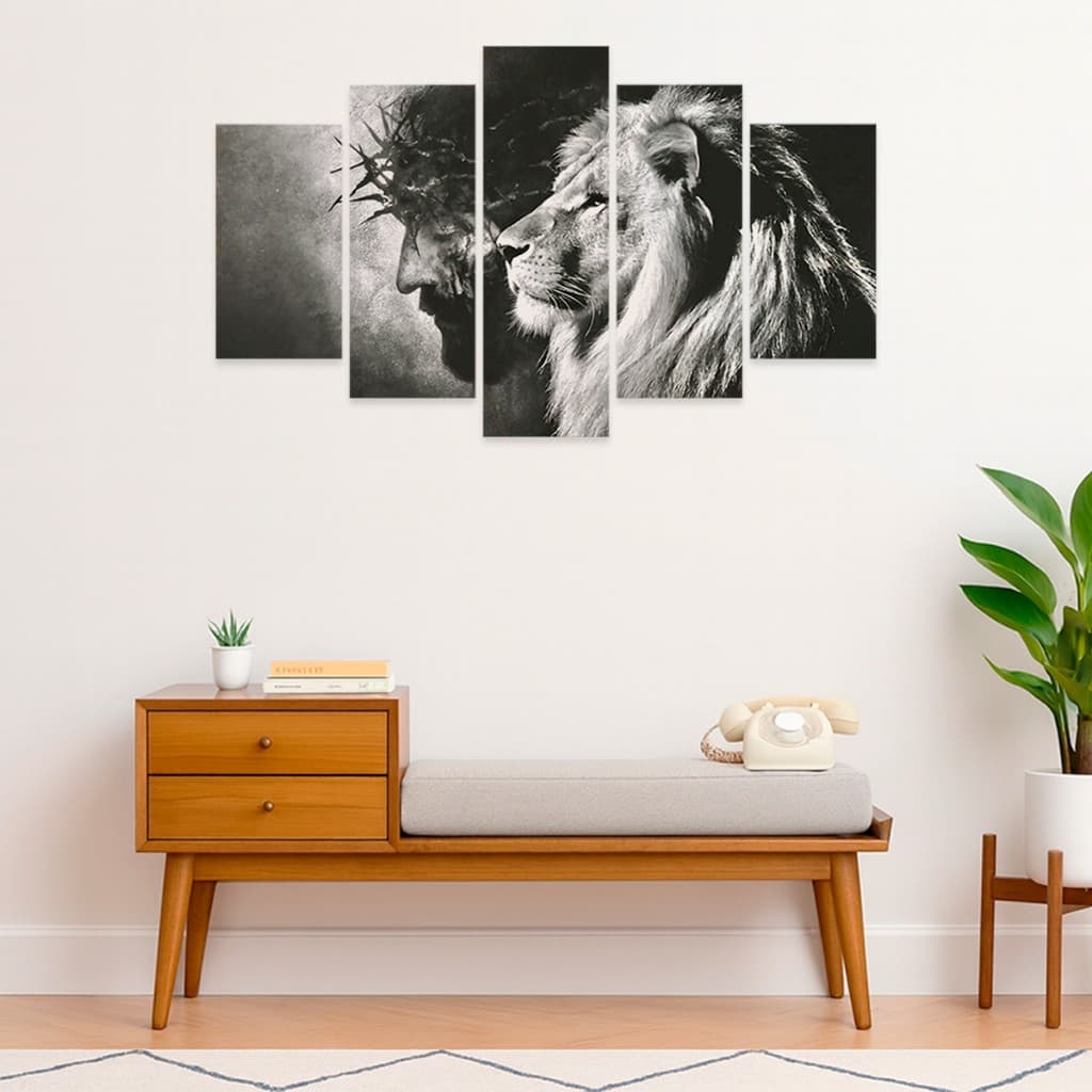 Quadro Jesus Cristo Preto e Branco - Leão de Judá e Cristo Quadro de MDF Decorativo