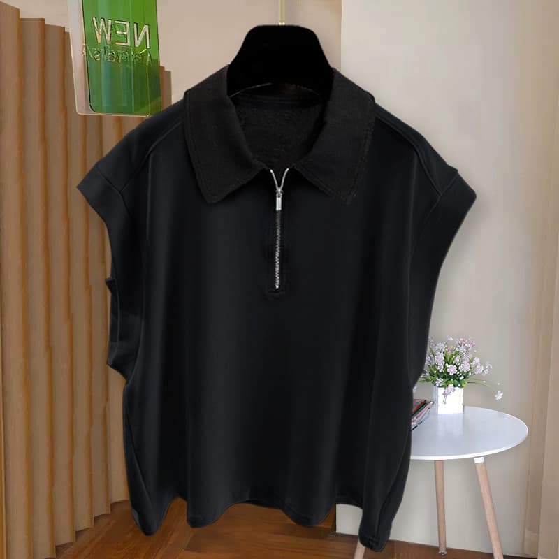 Verão cor sólida zíper lapela rua Wear colete Design fino solto colete sem mangas das mulheres dos homens na moda americ