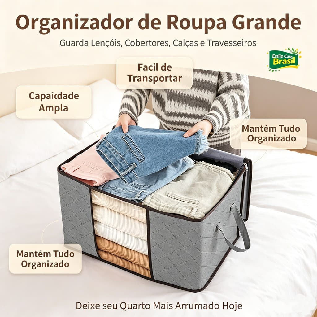 Kit 3 Caixas Saco Armazenamento Multiuso Zíper Reforçado Tecido Ecológico Para Enxoval Cobertores Casacos e Roupas