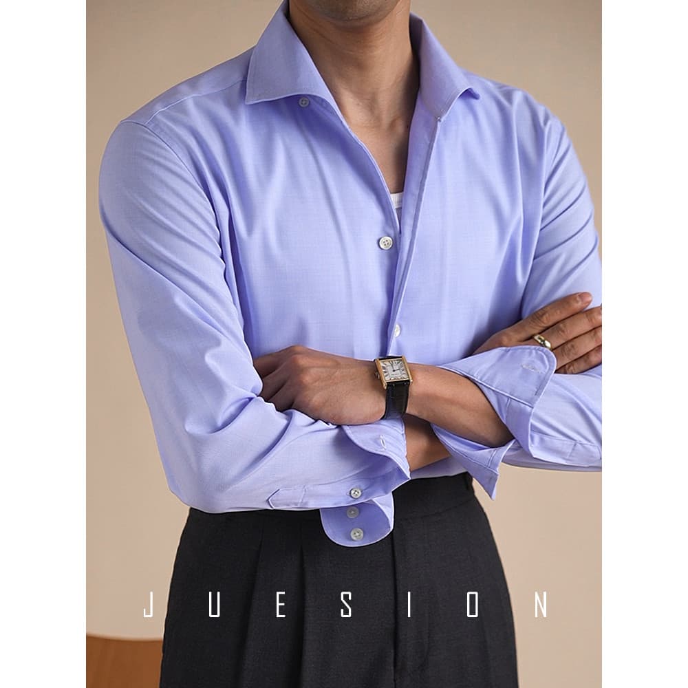 [Série Commuter sem ferro] JUSION Camisa Modal italiana de manga comprida masculina com gola de uma peça e cor sólida