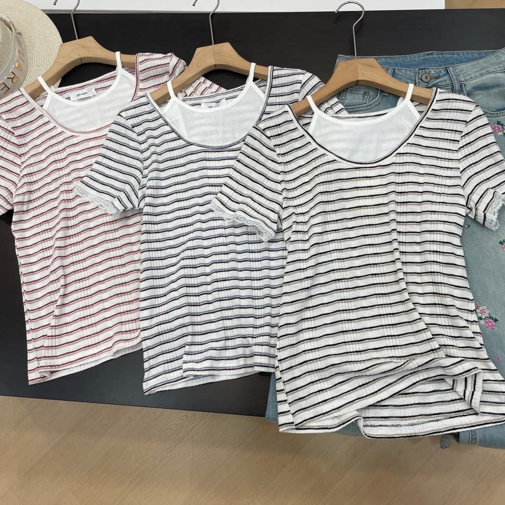 Camiseta falsa listrada de duas peças, manga curta, aparência mais fina, gola redonda, tudo#17