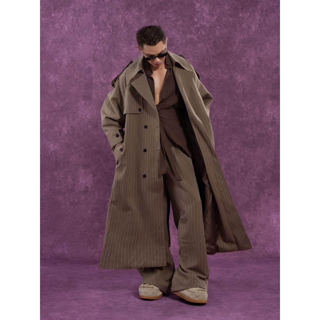 CLP Cinza Café Cor Listras Longo Perfil Solto Xale Blusão Homens Mulheres Jaqueta Cintura Estreita Retro Lace-Up High-En