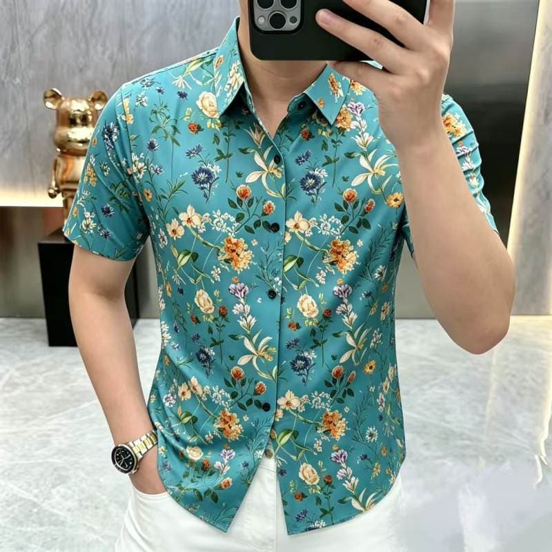 Bens europeus High-End verão moda masculina Floral camisa de manga curta lapela respirável rufião bonito camisa de meia