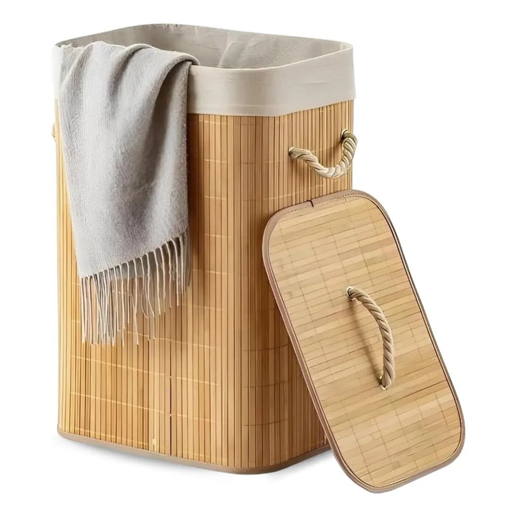 Cesto Roupa Bambu Retangular Dobrável Com Tampa Alças 60l