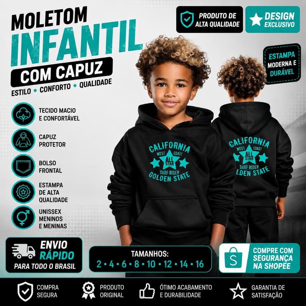 Moletom Infantil Califórnia Blusa de Frio Canguru Menino Menina Capuz Algodão Peluciado Duo-Street