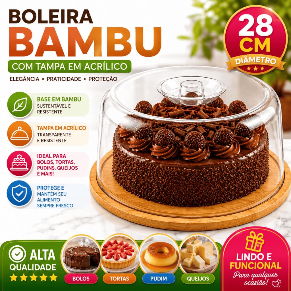 Boleira Porta Bolo De Bambu 28cm Com Tampa De Acrílico Para Bolo Torta Pudim E Queijo