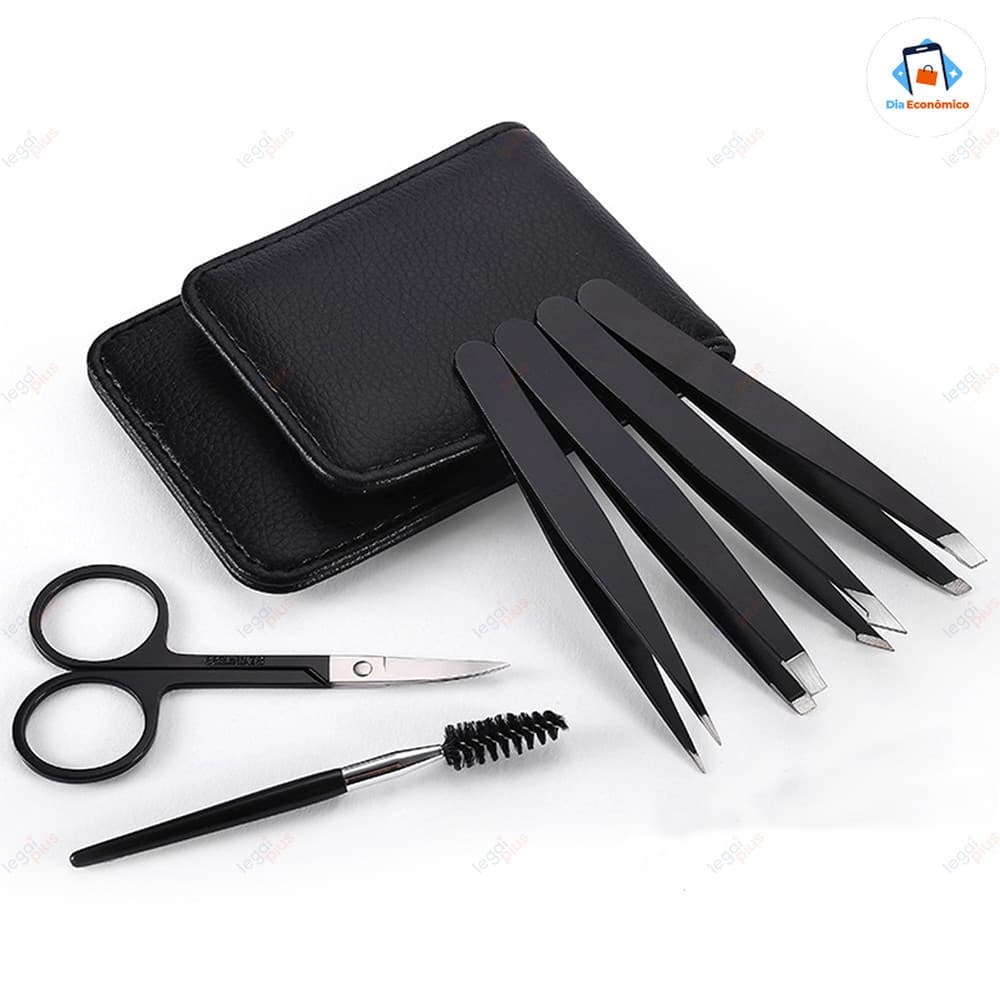 Conjunto com Sete Peças para Organização das Sobrancelhas, inclui tesoura, pinça e pincel