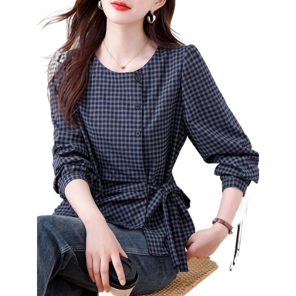Camisa feminina de manga comprida com estampa xadrez retrô, novo estilo de primavera, design elegante, renda, cintura ju