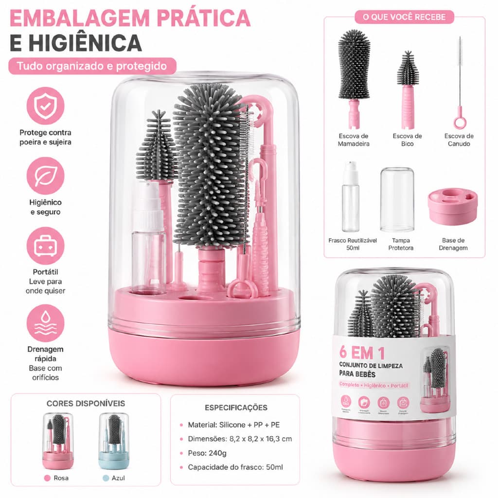 Kit Escova de Limpeza para Mamadeira 6 em 1 Silicone com Escova de Bico Canudo Frasco 50ml Estojo Portátil para Bebês