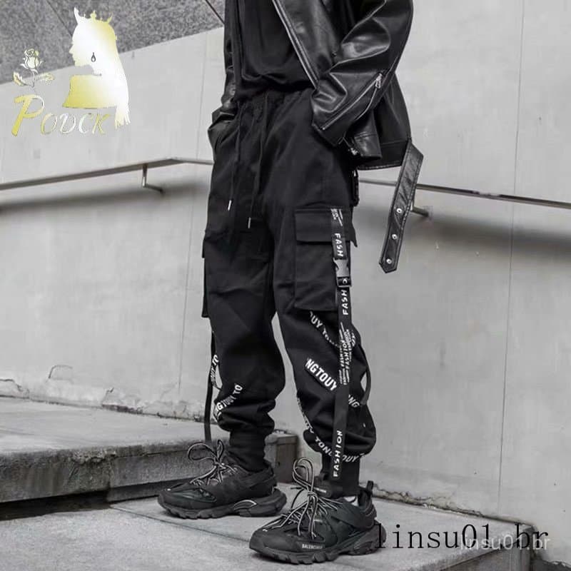 Ins calças nacionais masculinas fita solta tornozelo comprimento macacão masculino versão coreana Hip-Hop tornozelo solt