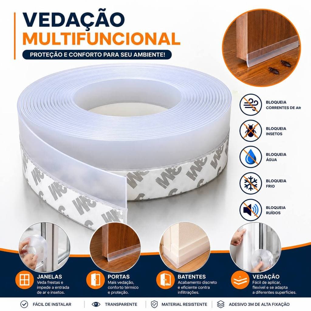 Fita Vedação Multifuncional Transparente 2,5metro 25mm Porta Janela Anti Insetos Poeira Ruídos