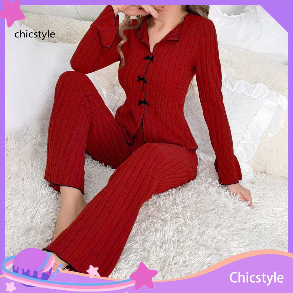 Skin-friendly Pajamas Cozy Nightwear Ensemble Women’s Long Sleeve Pajama Set – Slim Fit Lounge 2-piece Sleepwear wit