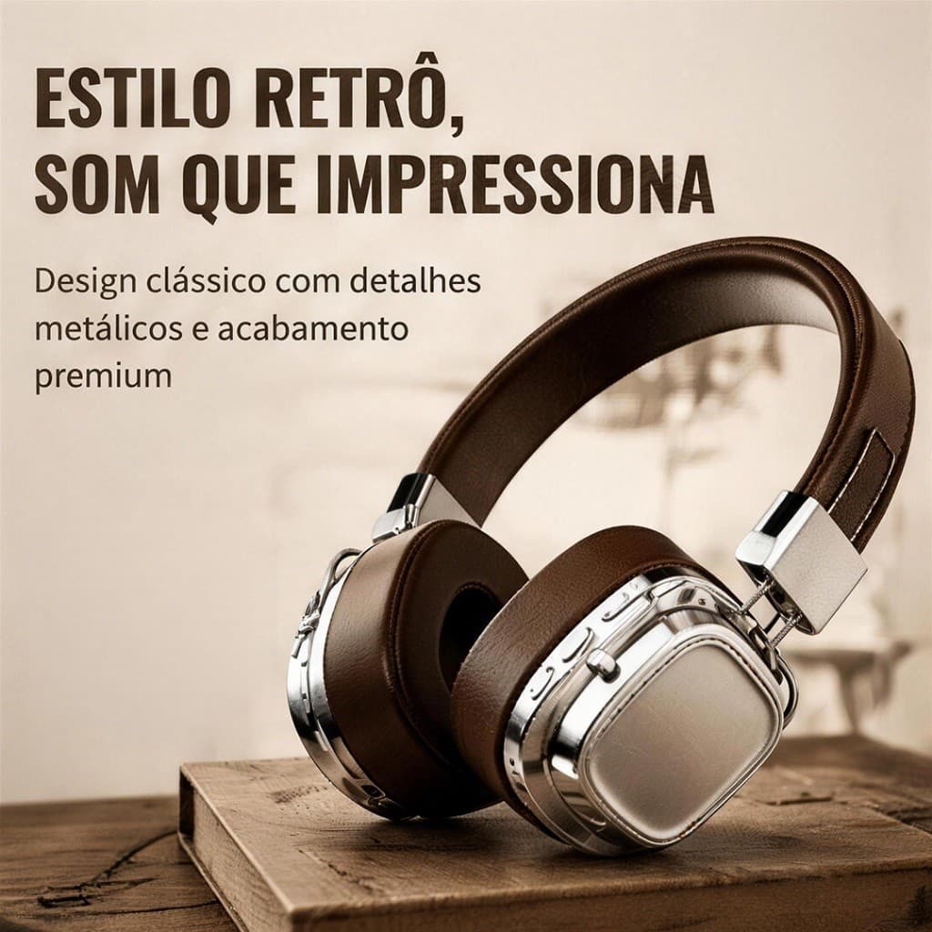 Fone de Ouvido Bluetooth Estilo Retrô Ajustável, Over-Ear com Controles Laterais para Música e Chamadas