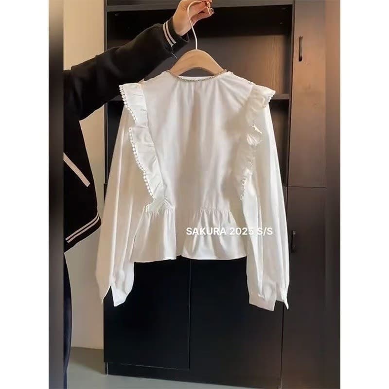 Estilo Coreano Feminino Solto Renda Plissada Camisa De Manga Longa Blusa Nova