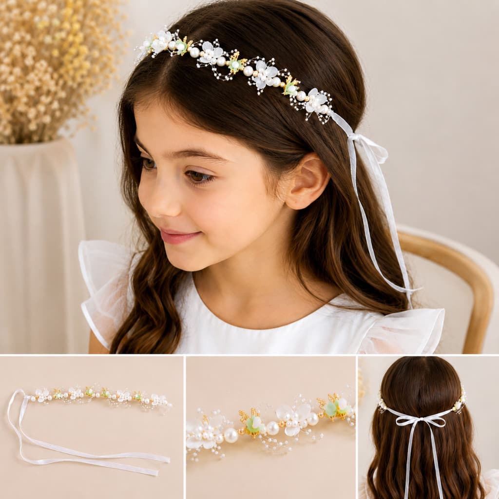 Tiara Flores com Pérolas Acessório de Cabelo para Daminha Florista Noiva Casamento Batizado