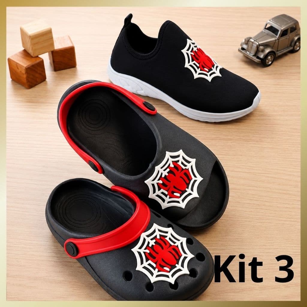 Kit 3 Pares Sapatos Infantil Menino Tênis Babuche Slide Teia Leve Confortável Dia a Dia
