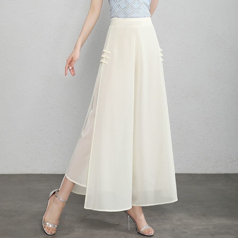 [WDF] Calças finas de verão com divisão de Chiffon calças largas femininas, novo estilo de cintura alta drapeadas evasê