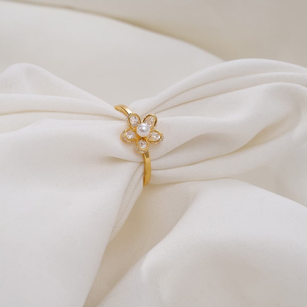 Anel Feminino Flor Zircônia Ouro Branco Ajustável Delicado Elegante Moda Presente para Festa Joia Fina GNIT