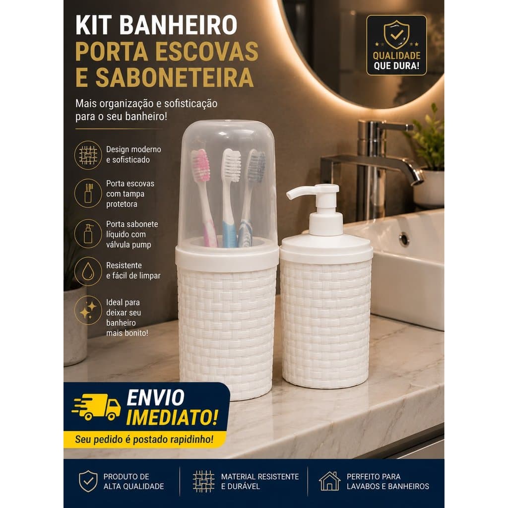 Kit Porta Escova e Porta Sabonete Líquido Trama Acessórios para Banheiro