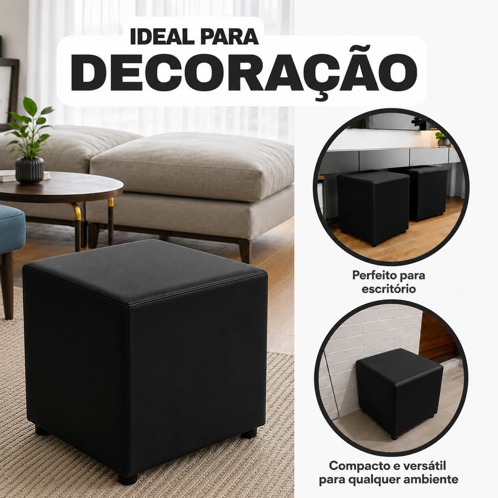 Puff sala fofo todo revestido multiuso preto quadrado em corino