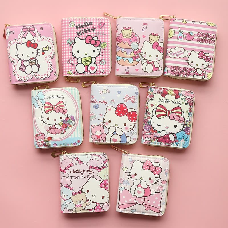 Carteira Sanrio anime Hello Kitty, com múltiplos compartimentos para cartões, um bolso com zíper para moedas e um porta-