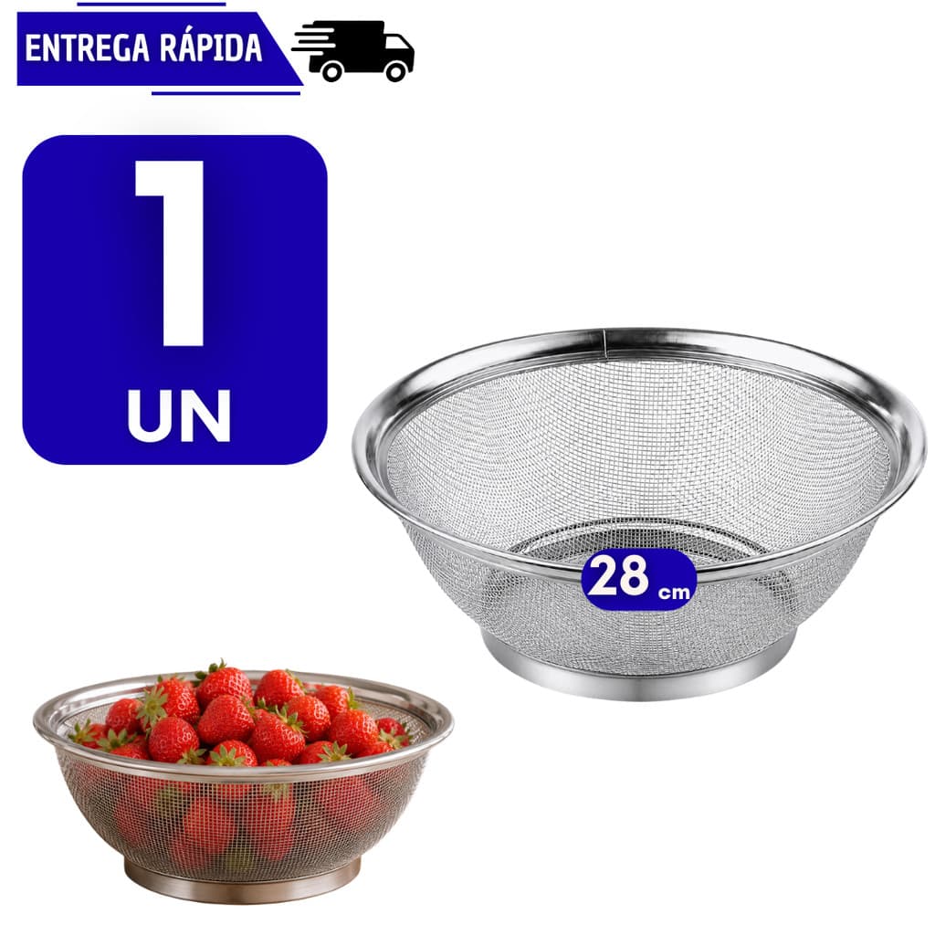 1 Cesto Peneira Escorredor em Aço Inox Cozinha Massa Fritura Legumes Frutas Fruteira Escorrer Arroz Resistente