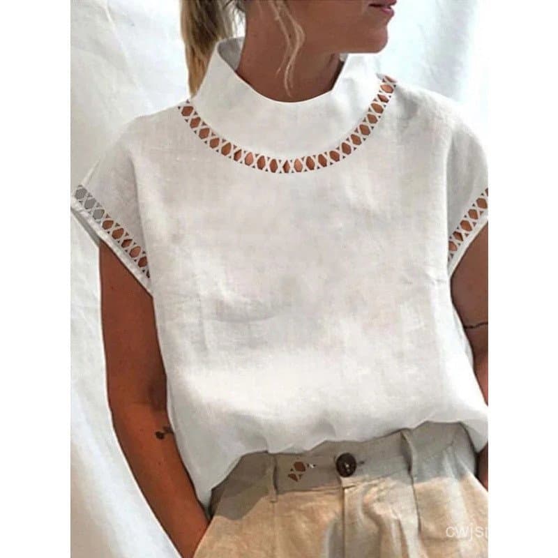 Blusas e Camisas Vintage Elegantes para Mulheres, Camisa de Linho Sólida para o Verão, Blusa Casual Branca de Algodão co