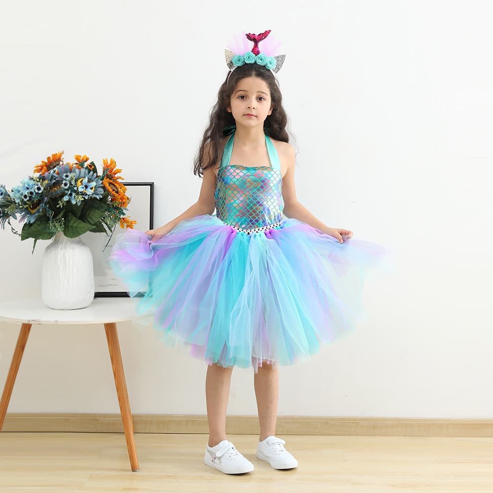Crianças meninas Pettiskirt cospaly desempenho vestido escala de peixe saia Anti-ultravioleta