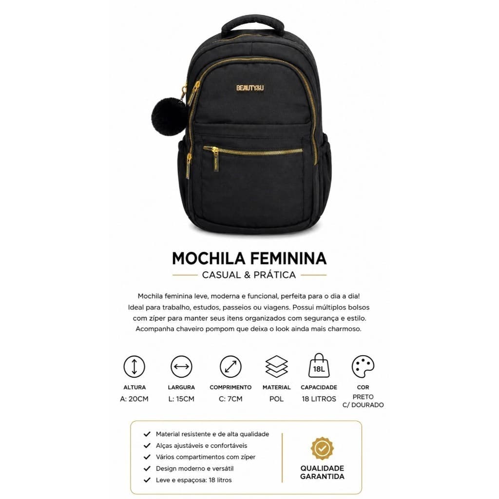 Mochila Feminina Preta com Detalhes Dourados 18p – Elegante, Moderna e Funcional