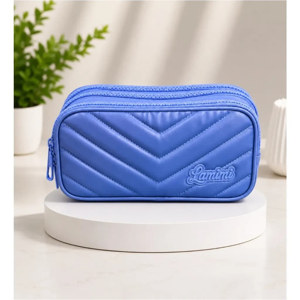 Estojo Escolar Lamimi Azul C/3 Bolsos Espaçoso Em Listras
