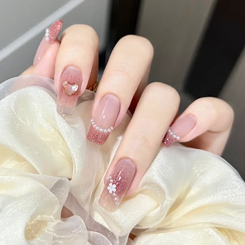 Rosa doce Manicure diamante amor flor pérola Glitter unhas vestíveis unhas de balé médio longo