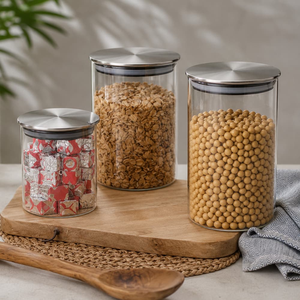 Kit com 3 Pote Hermético de Vidro Redondo com Tampa de Inox 550ml 750ml 950ml Mantimentos