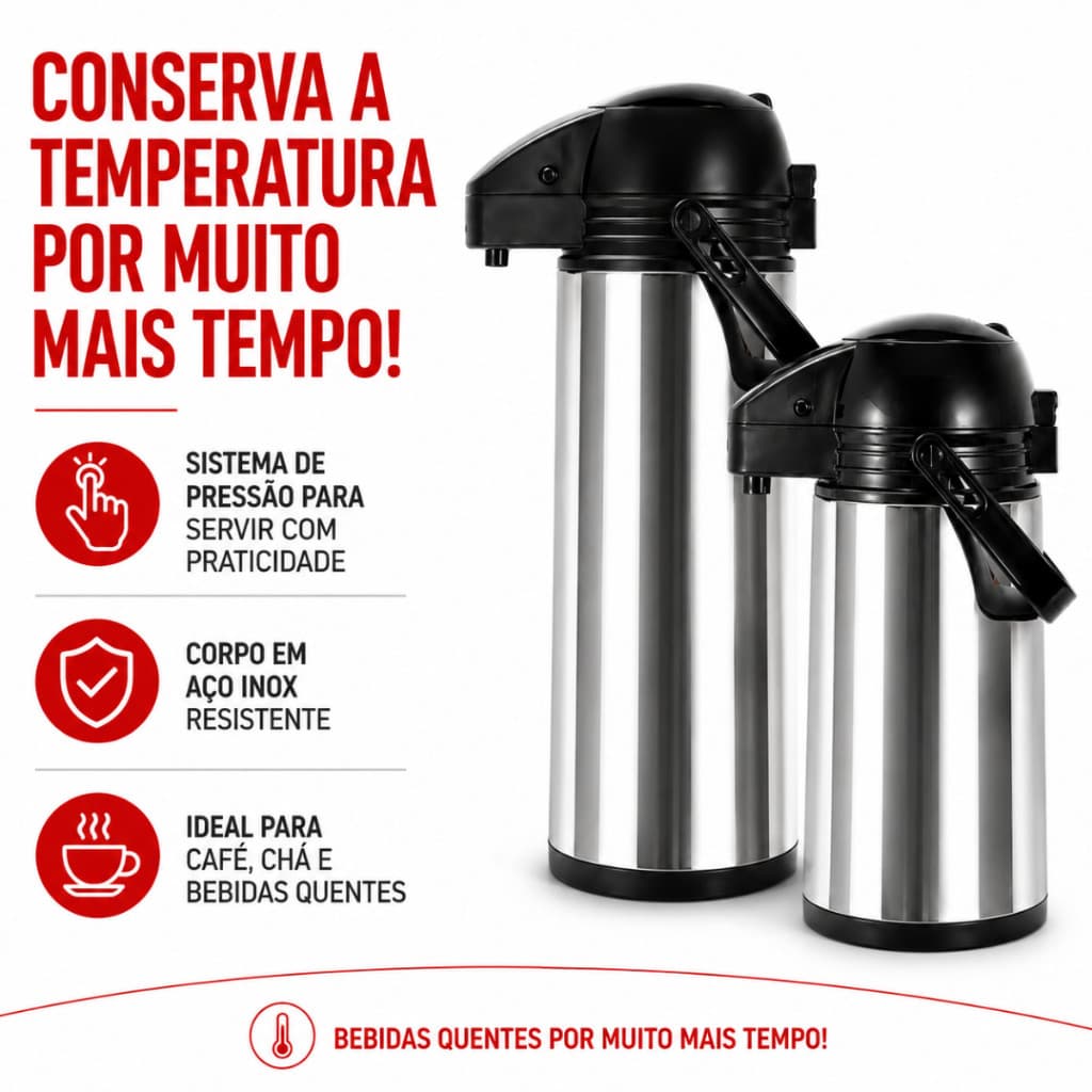 Garrafa Térmica Airpot Inox 1L E 1,9L De Pressão Para Café Chá Hotel Pousada Bebidas Quentes