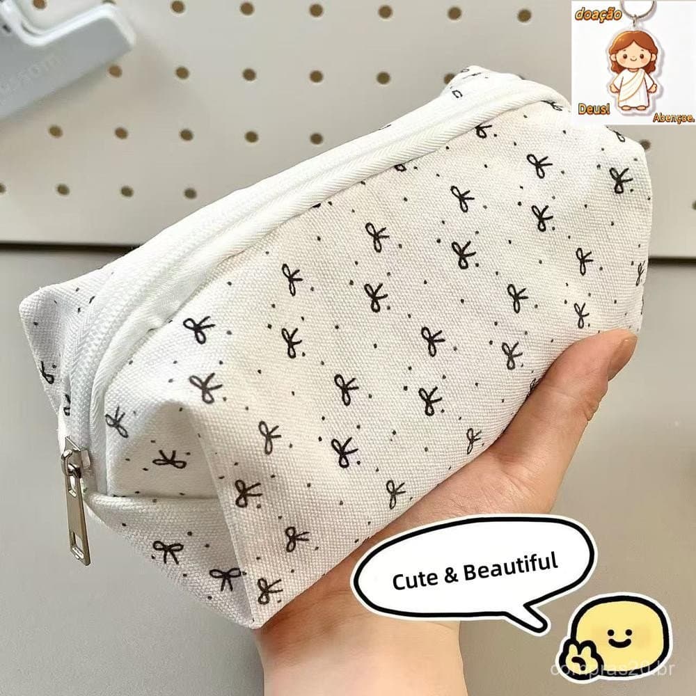 Estojo de Lápis com Laço Preto, Bolsa de Maquiagem com Zíper, Floral, Material de Papelaria Fofo para Organização de Mes