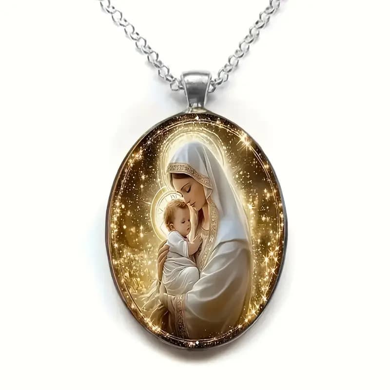 Exquisito Colar de Pingente de Vidro Oval com Padrão de Anjo, Acessório de Joalheria Romântico e Elegante X7QP