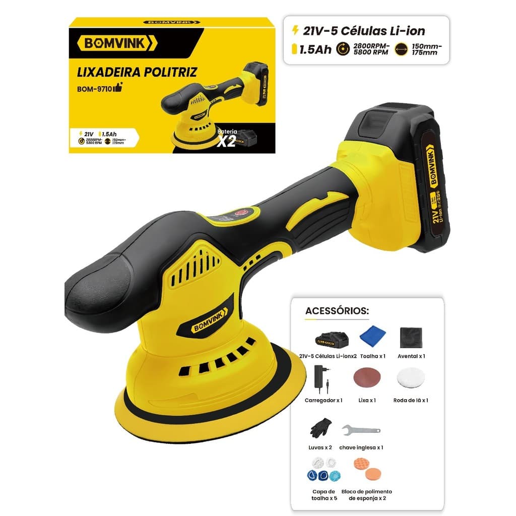 Lixadeira Orbital Politriz 21v 5800 RPM Automotiva Pintura Gesso Com Acessórios + 2 Baterias Li-ion