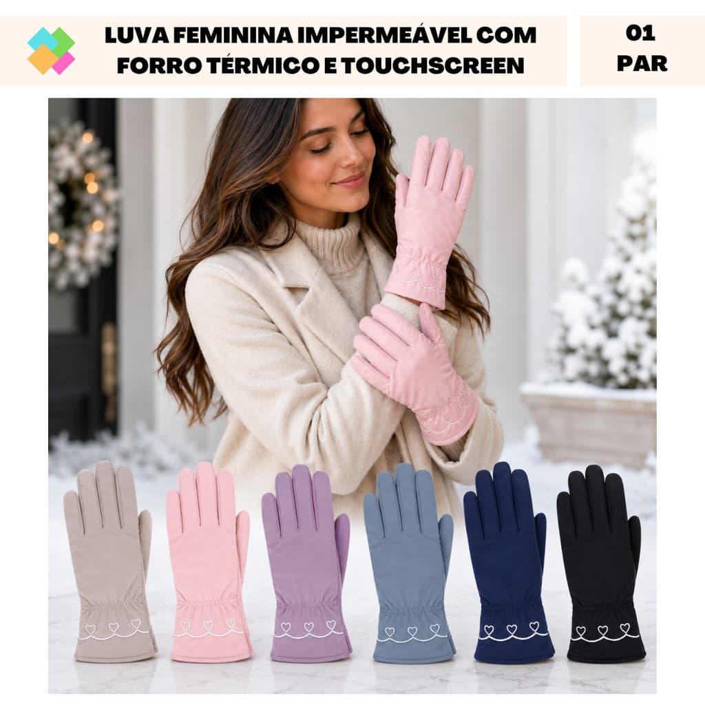 Luvas Feminina Impermeável Com Forro Térmico e Touchscreen (1 Par)