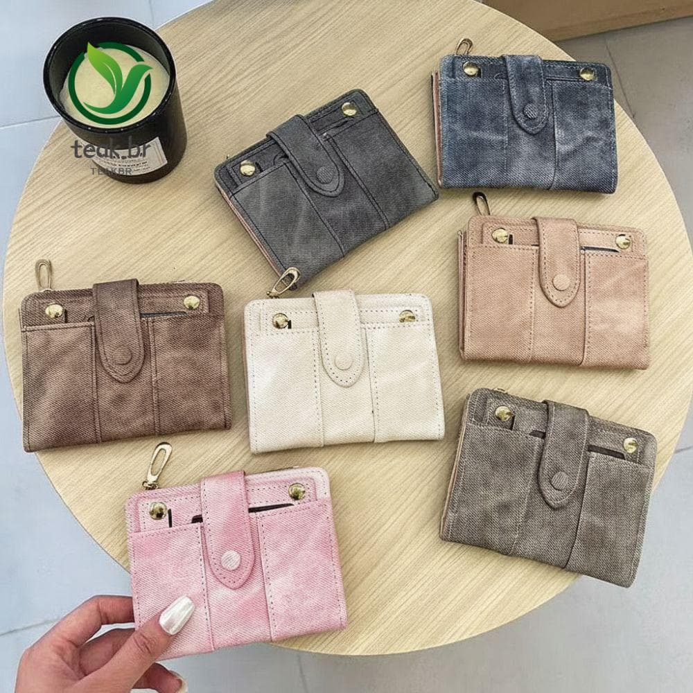 Carteira Porta-Cartões TEABR , Bifold Com Textura Jeans De Couro PU , Bolsa Curta Fecho De Pressão De Tamanho Compacto
