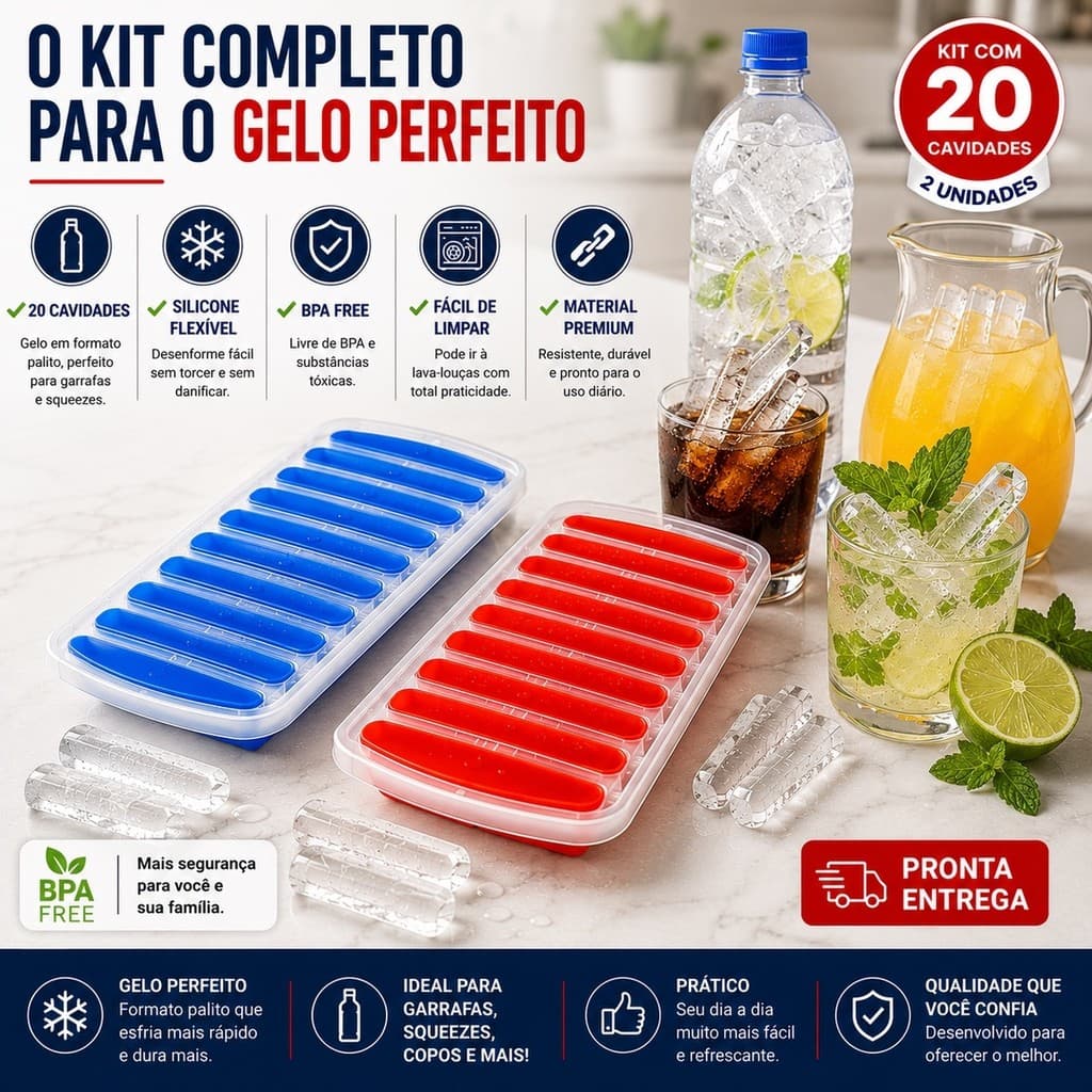 Kit 2 Formas de Gelo Palito 20 Cavidades Silicone BPA Free para Garrafas Fácil de Desenformar Drinks
