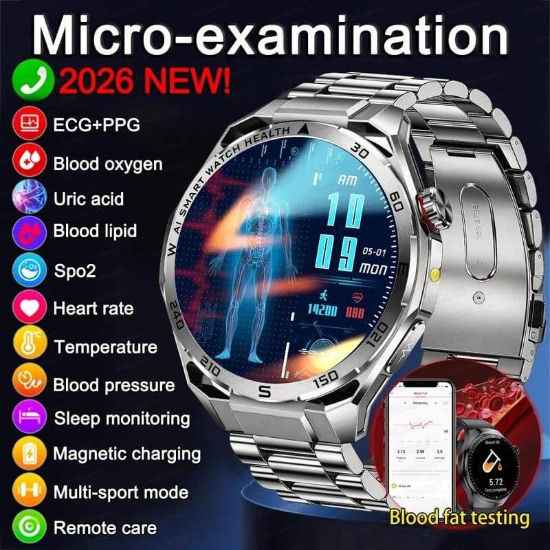 ECG Smartwatch Relógio Inteligente AMOLED Masculino Exame Microfísico Relógios Pressão Arterial Gordura Ácido Úrico Cham