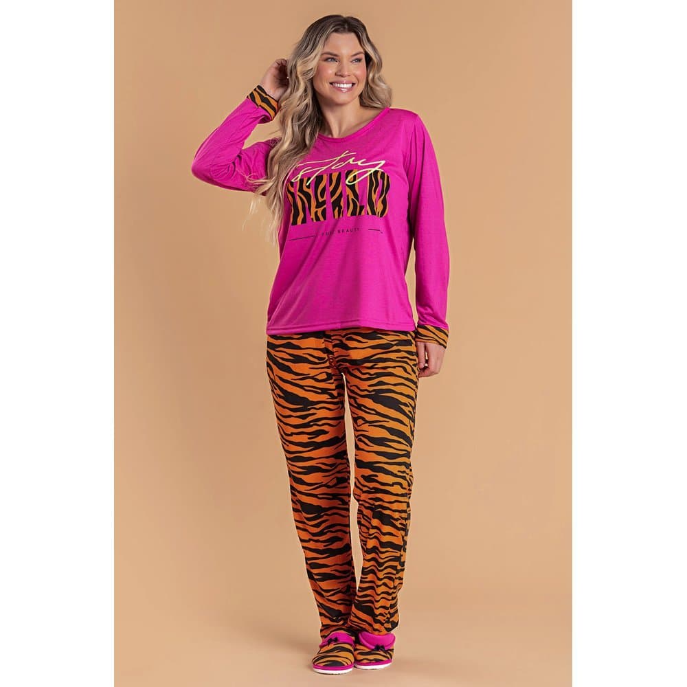 Pijama Feminino  Inverno Adulto Calça comprida Manga longa Frio  Wild Pink