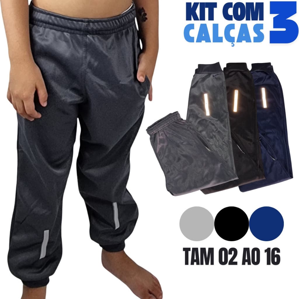 Kit 3 Calças Infantil Menino com Bolsos Jogger Forrada Juvenil Reforçada Tamanho 2 Ao 16