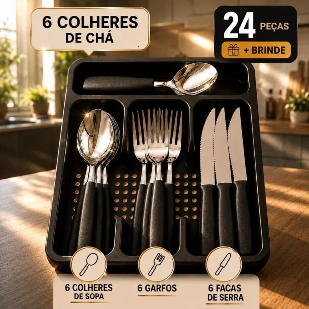 Kit Faqueiro Talheres Caprese Preto 26 Peças Aço Inox Porta Talheres Mesa Churrasco